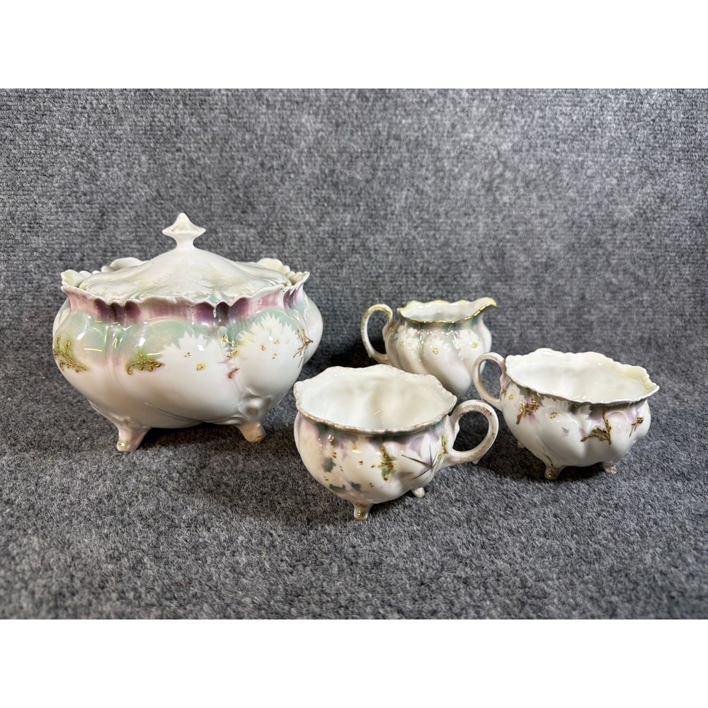 RS Prussia Antique Porcelain Tea Set Iridescent Luster Floral Gold Gilt 4 Piece